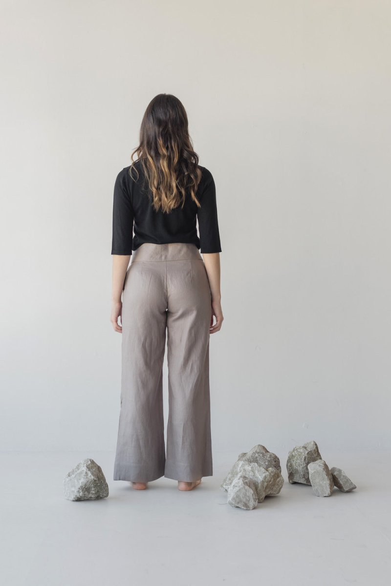 High-waist Linen Pants with Origami Belt - Esse-Mushroom-XXS-None/ Option 1