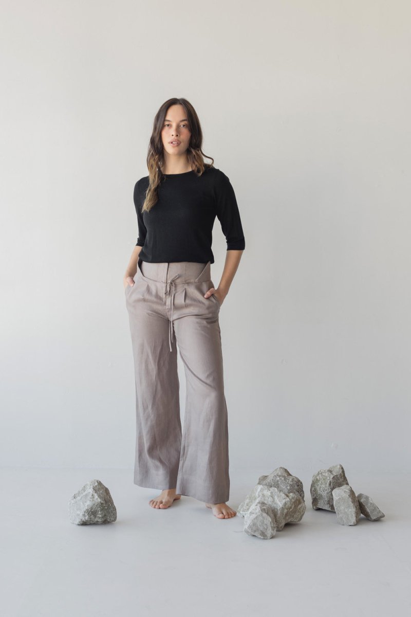 High-waist Linen Pants with Origami Belt - Esse-Mushroom-XXS-None/ Option 1