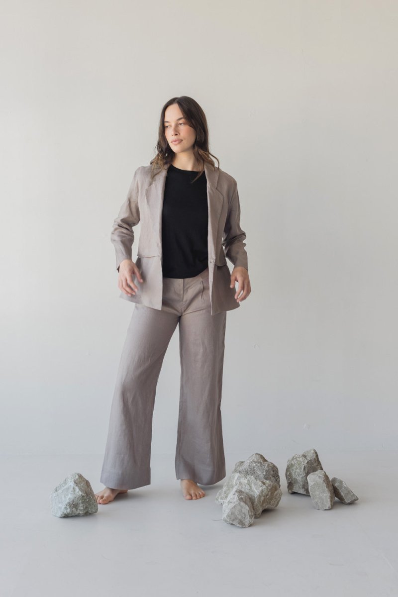 High-waist Linen Pants with Origami Belt - Esse-Mushroom-XXS-None/ Option 1