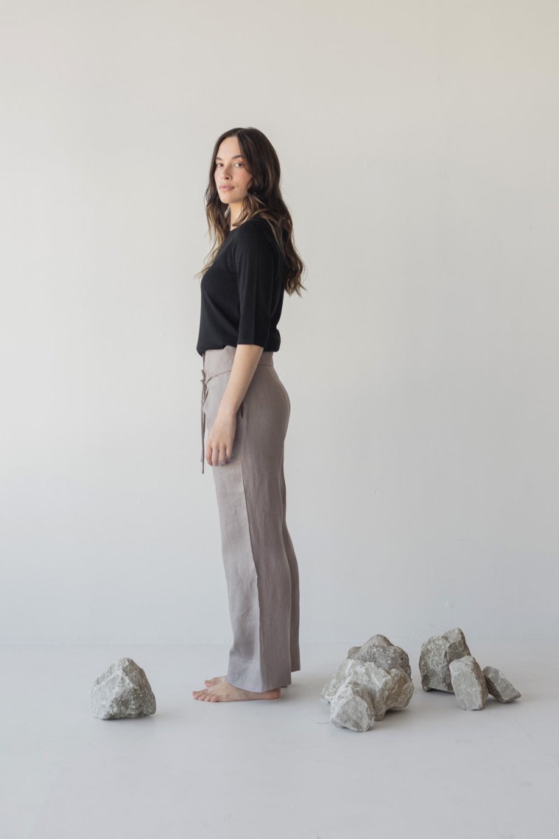 High-waist Linen Pants with Origami Belt - Esse-Mushroom-XXS-None/ Option 1