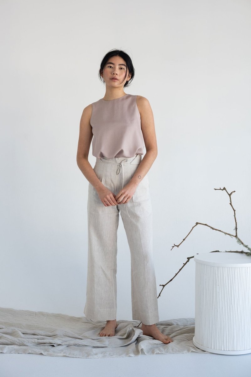 High-waist Linen Pants with Origami Belt - Esse-Vanilla Mist-XXS-None/ Option 1