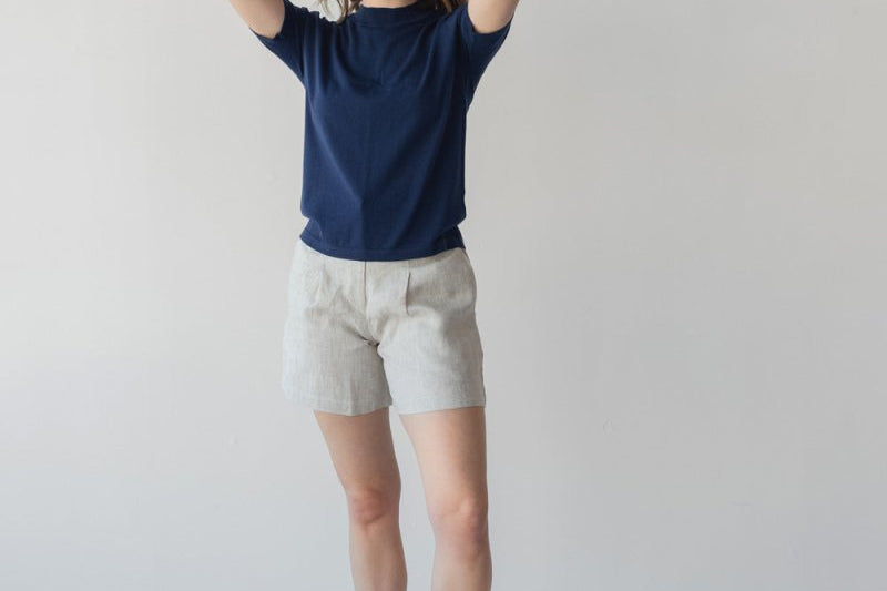High-waist Linen Shorts with Origami Belt - Esse-Vanilla Mist-XXS-None/ Option 1