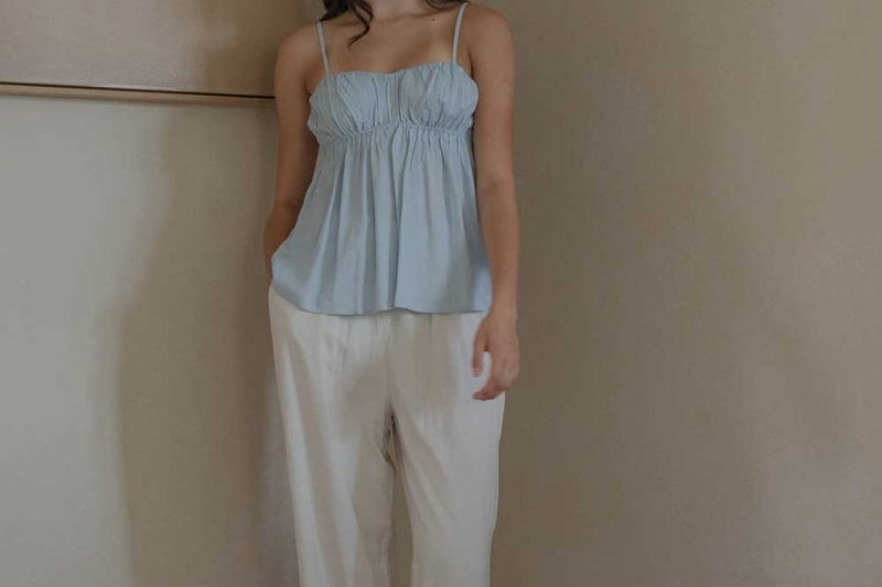 Ruched Bodice Top in Sky Blue - Esse-XS--