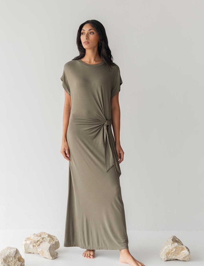 Cloud Dress with Side Tie in Olive - Esse-XXS--