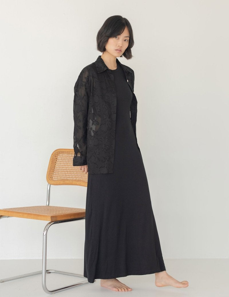 Cocoon Shirt in Floral Appliqué in Black - Esse - XS - 
