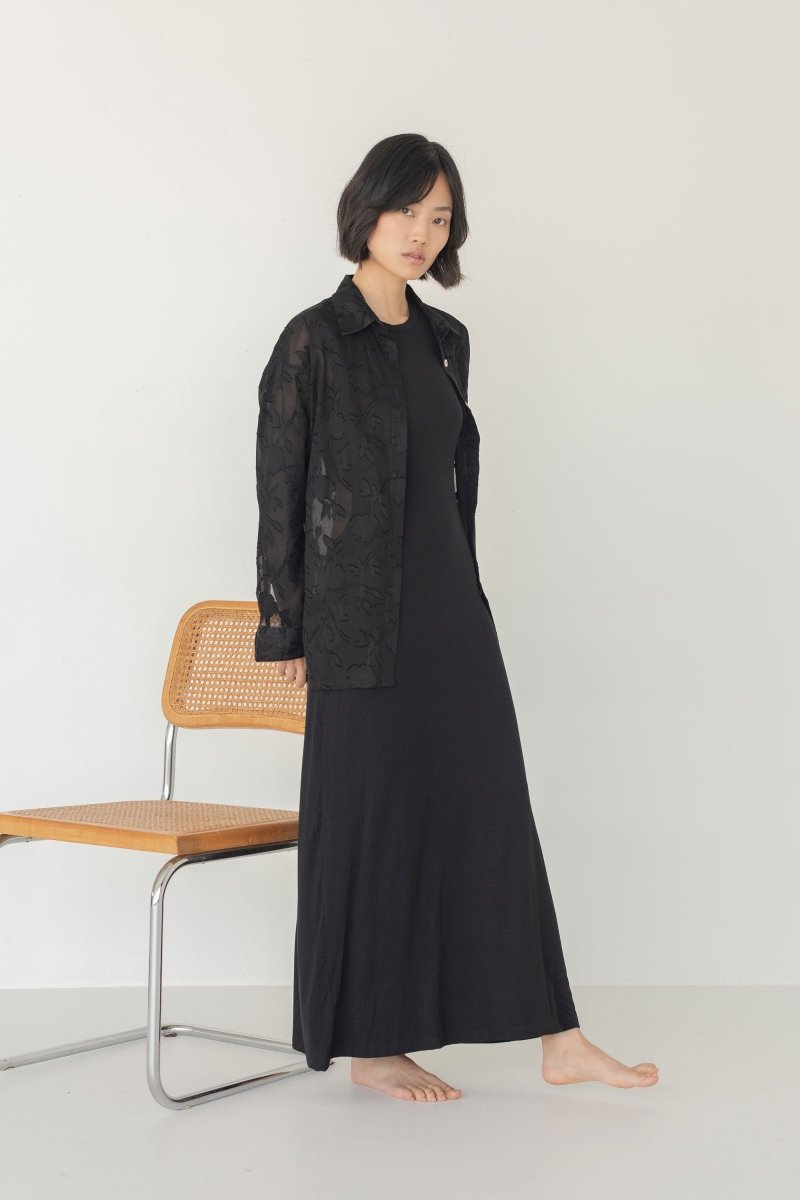 Cocoon Shirt in Floral Appliqué in Black - Esse - XS - 