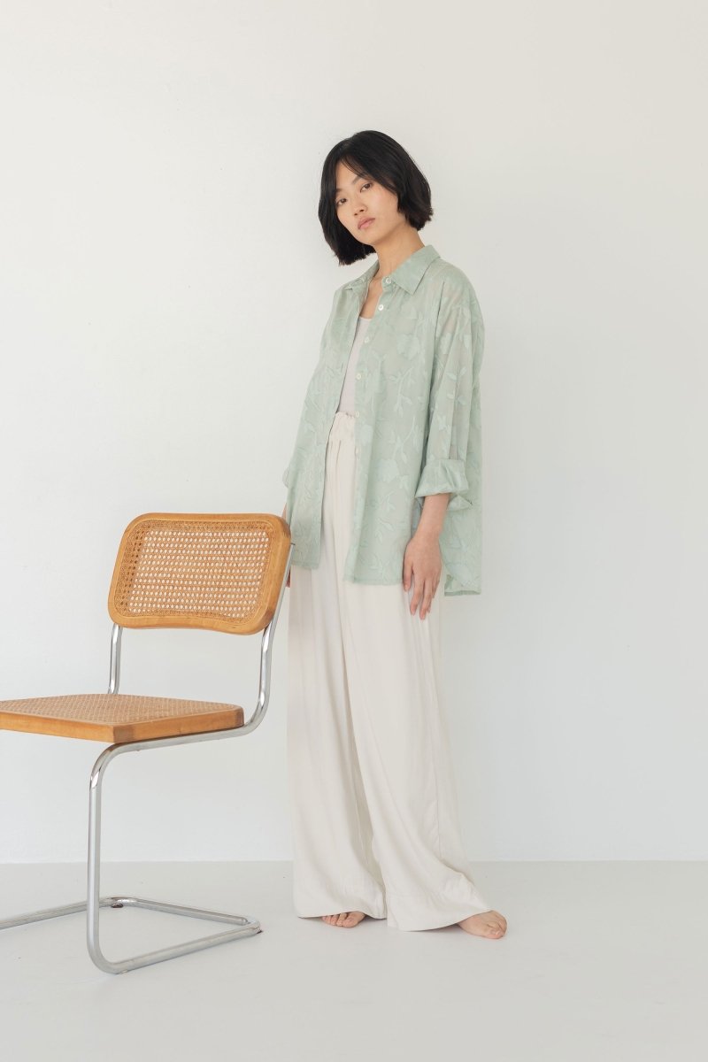 Cocoon Shirt in Floral Appliqué in Mint - Esse - XS - 