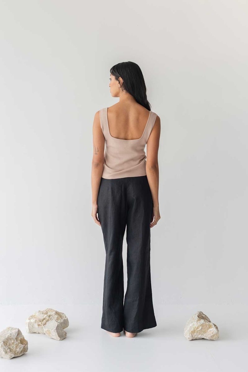 High-waist Linen Pants with Origami Belt - Esse-Black-XXS-None/ Option 1