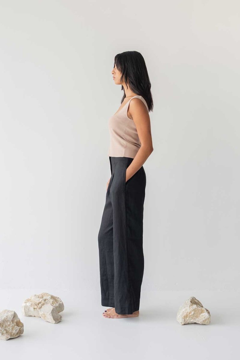 High-waist Linen Pants with Origami Belt - Esse-Black-XXS-None/ Option 1