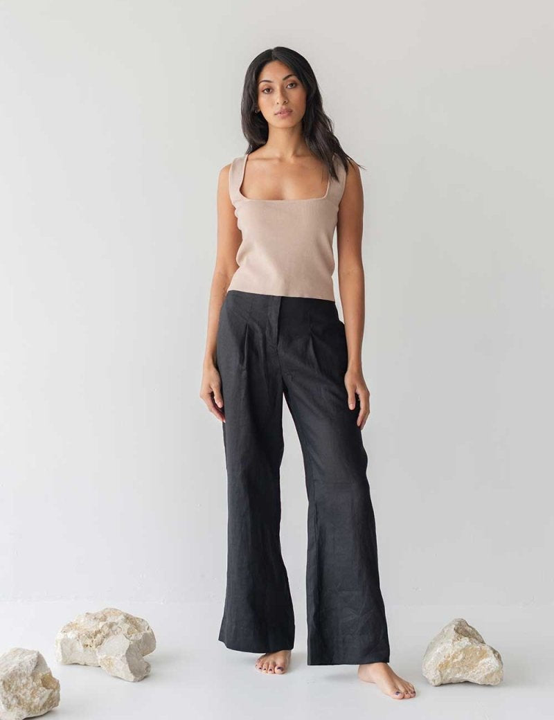 High-waist Linen Pants with Origami Belt - Esse-Black-XXS-None/ Option 1