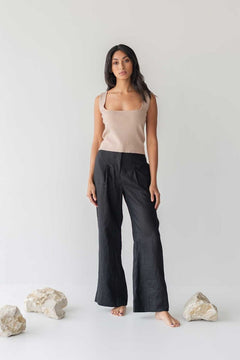 High-waist Linen Pants with Origami Belt - Esse-Black-XXS-None/ Option 1