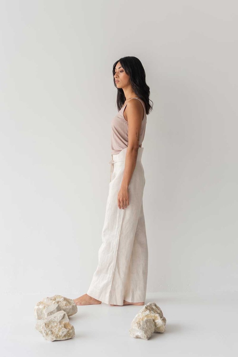 High-waist Linen Pants with Origami Belt - Esse-Cereal-XXS-None/ Option 1