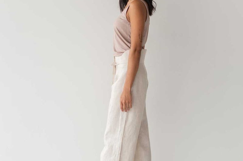 High-waist Linen Pants with Origami Belt - Esse-Cereal-XXS-None/ Option 1