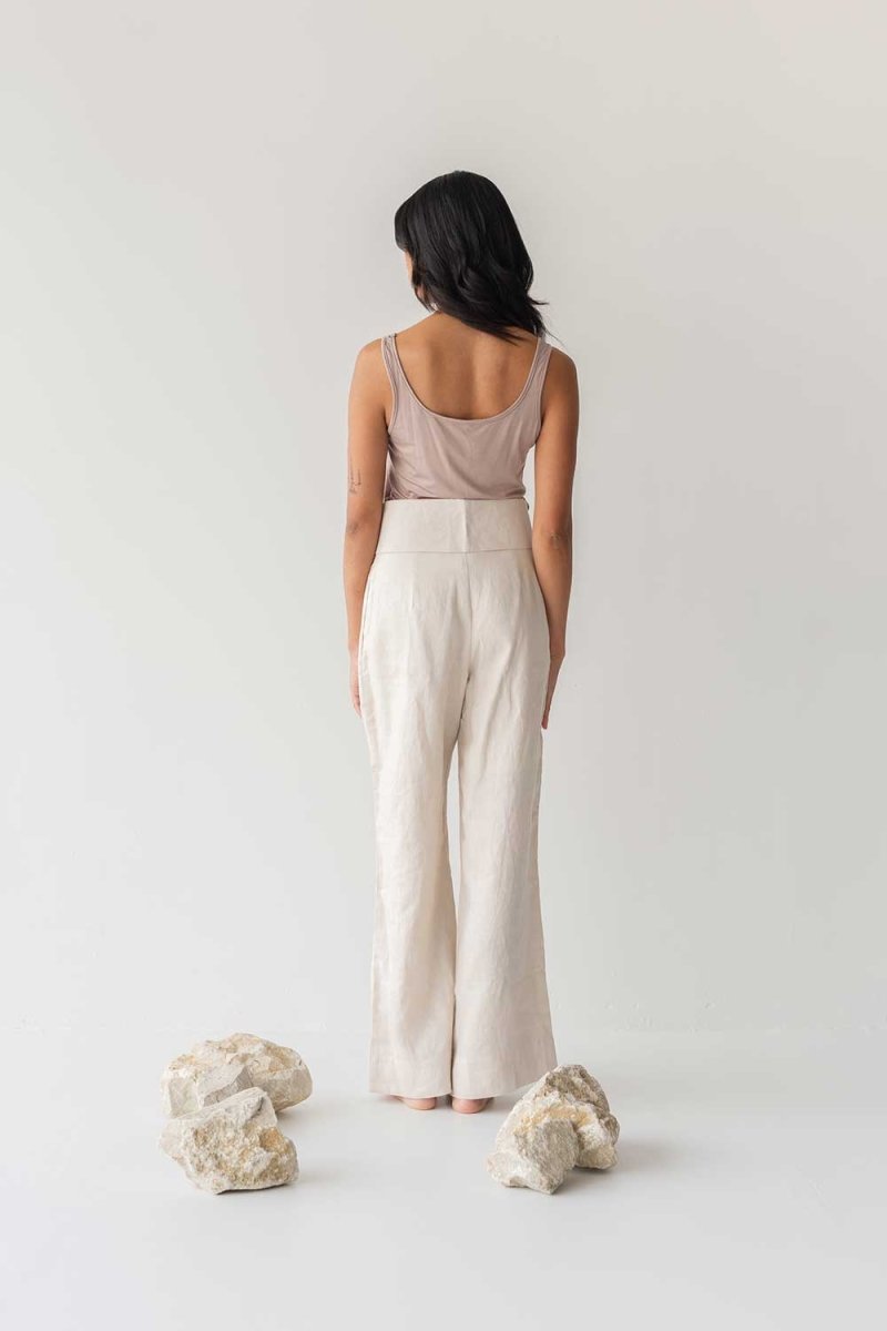 High-waist Linen Pants with Origami Belt - Esse-Cereal-XXS-None/ Option 1