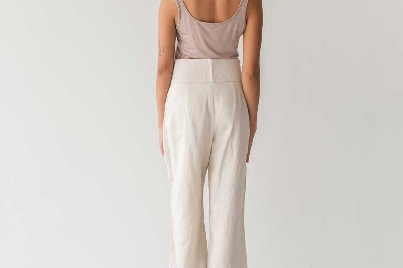 High-waist Linen Pants with Origami Belt - Esse-Cereal-XXS-None/ Option 1