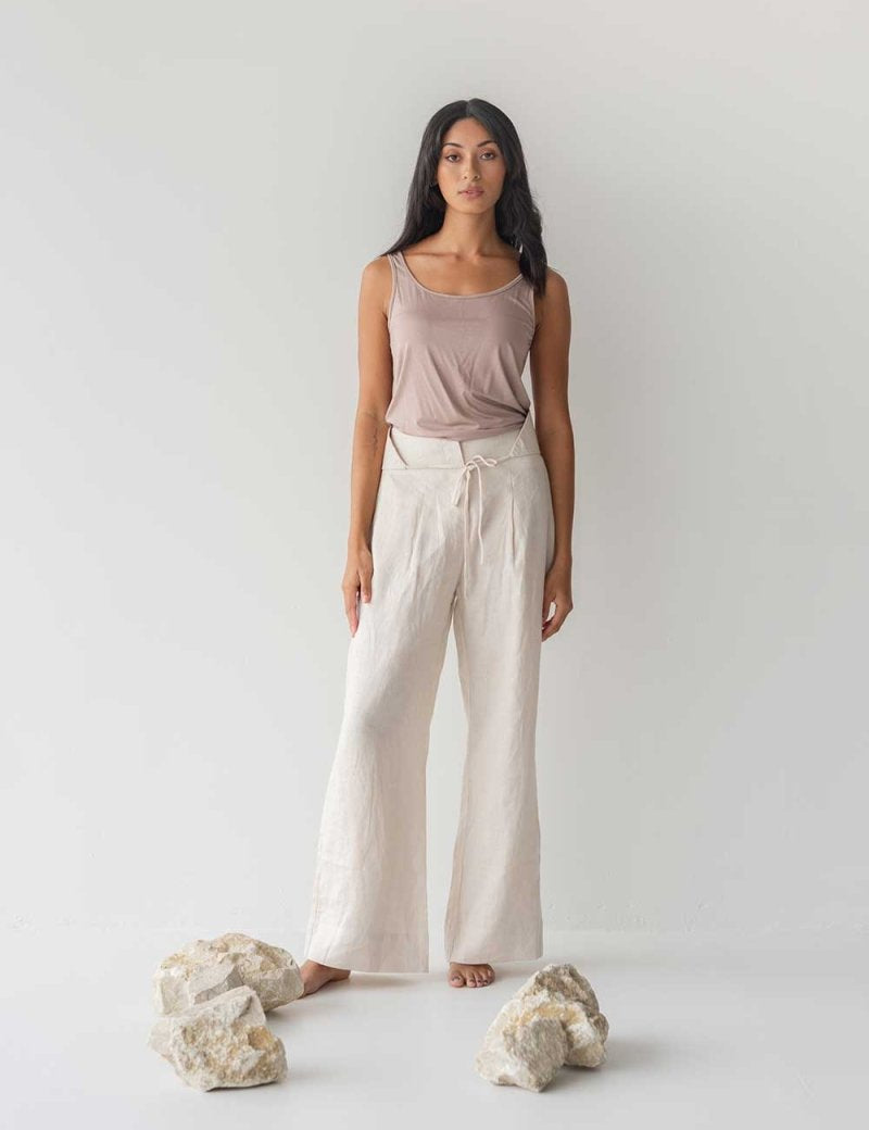 High-waist Linen Pants with Origami Belt - Esse-Cereal-XXS-None/ Option 1