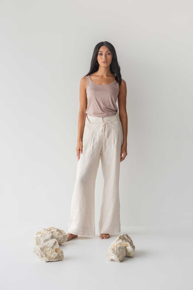 High-waist Linen Pants with Origami Belt - Esse-Cereal-XXS-None/ Option 1