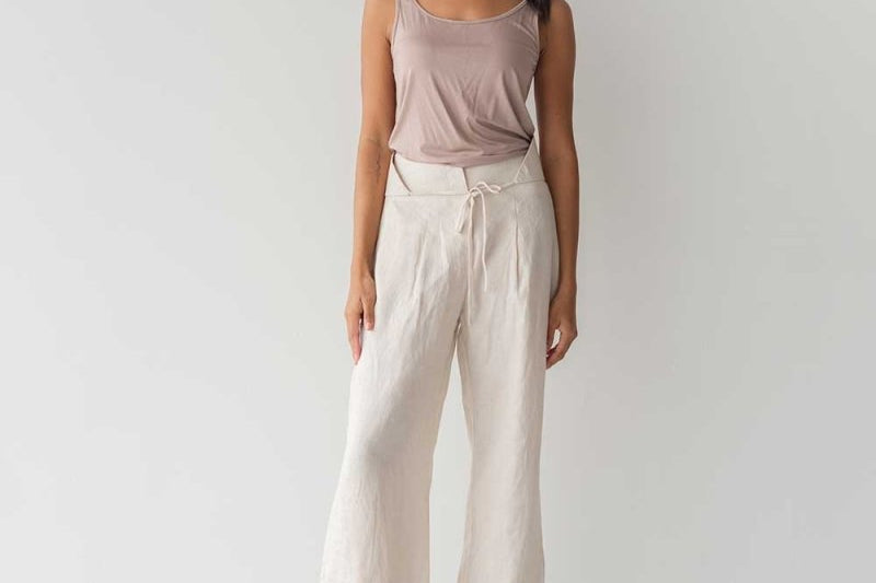High-waist Linen Pants with Origami Belt - Esse-Cereal-XXS-None/ Option 1