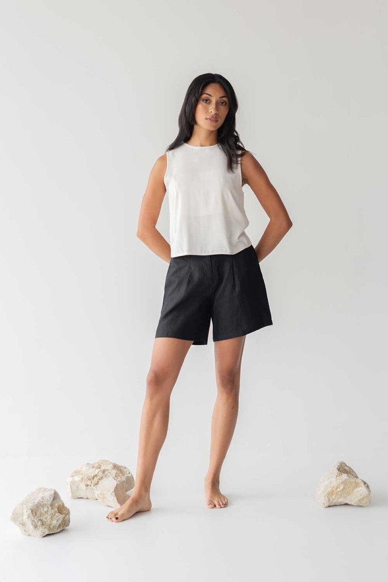 High-waist Linen Shorts with Origami Belt - Esse-Black-XXS-None/ Option 1