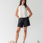 High-waist Linen Shorts with Origami Belt - Esse-Black-XXS-None/ Option 1