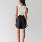 High-waist Linen Shorts with Origami Belt - Esse-Black-XXS-None/ Option 1