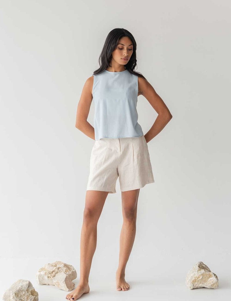 High-waist Linen Shorts with Origami Belt - Esse-Cereal-XXS-None/ Option 1