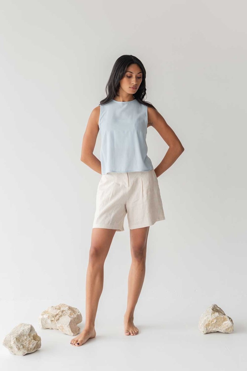 High-waist Linen Shorts with Origami Belt - Esse-Cereal-XXS-None/ Option 1