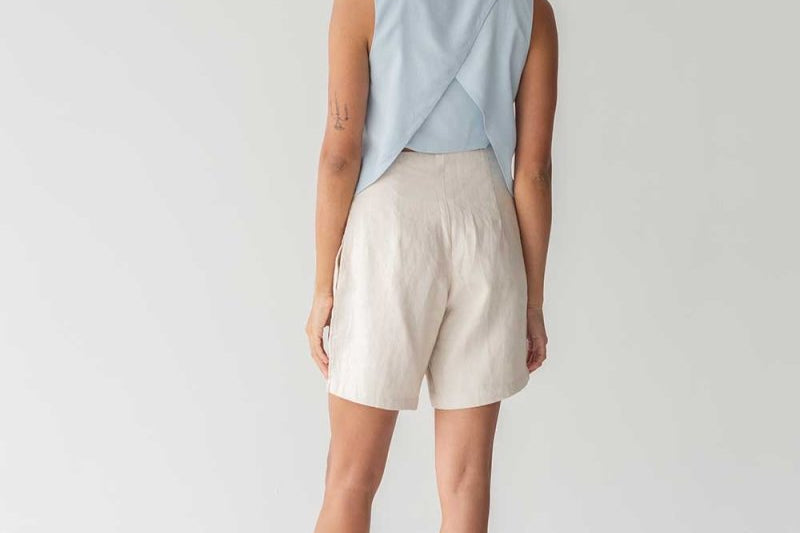 High-waist Linen Shorts with Origami Belt - Esse-Cereal-XXS-None/ Option 1