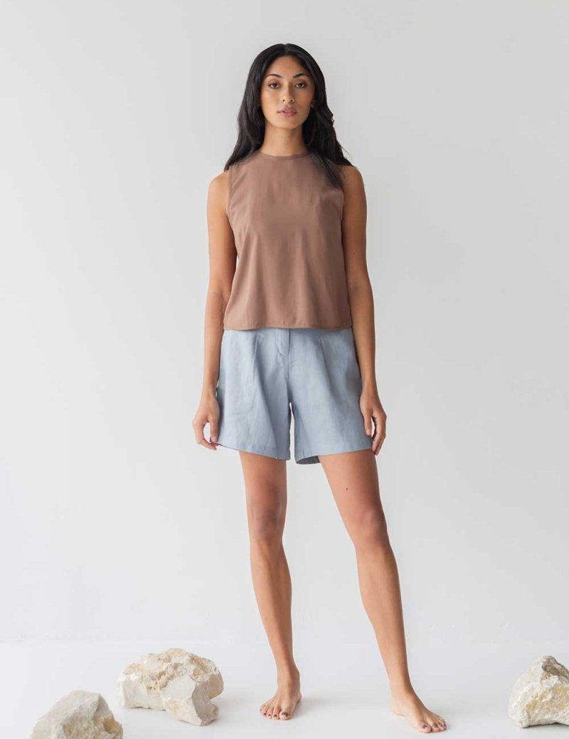 High-waist Linen Shorts with Origami Belt - Esse-Dusty Blue-XXS-None/ Option 1