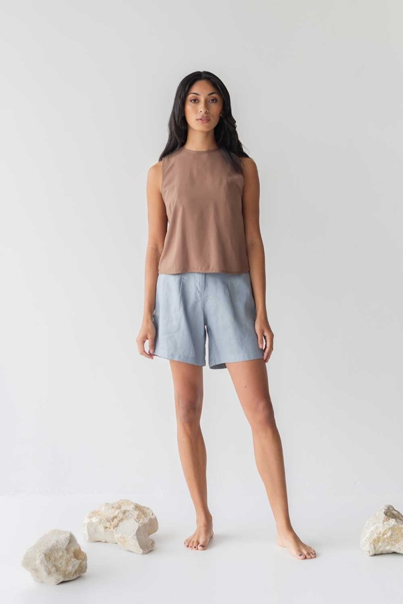 High-waist Linen Shorts with Origami Belt - Esse-Dusty Blue-XXS-None/ Option 1