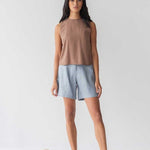 High-waist Linen Shorts with Origami Belt - Esse-Dusty Blue-XXS-None/ Option 1