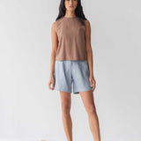 High-waist Linen Shorts with Origami Belt - Esse-Dusty Blue-XXS-None/ Option 1