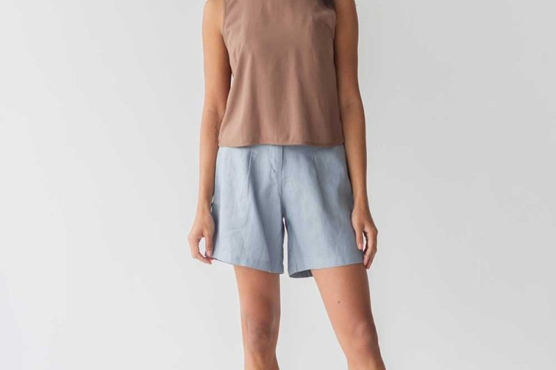 High-waist Linen Shorts with Origami Belt - Esse-Dusty Blue-XXS-None/ Option 1