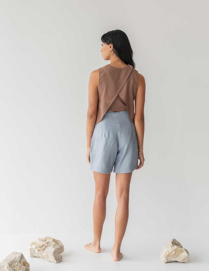 High-waist Linen Shorts with Origami Belt - Esse-Dusty Blue-XXS-None/ Option 1