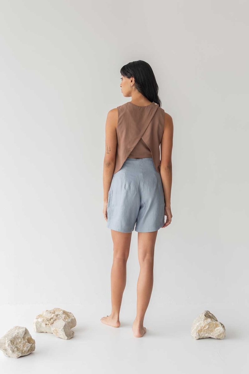 High-waist Linen Shorts with Origami Belt - Esse-Dusty Blue-XXS-None/ Option 1
