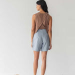 High-waist Linen Shorts with Origami Belt - Esse-Dusty Blue-XXS-None/ Option 1