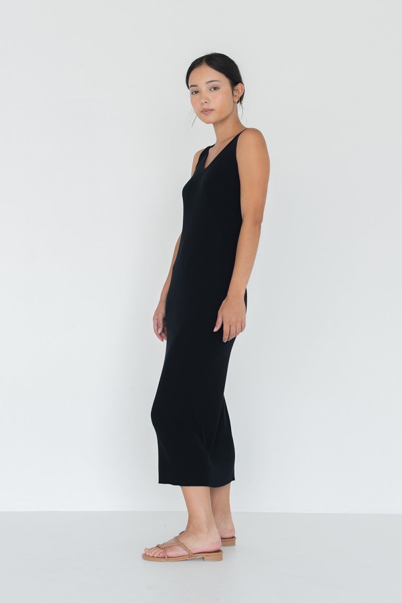 Knit Bateau Neckline Dress in Black - Esse - XS - 