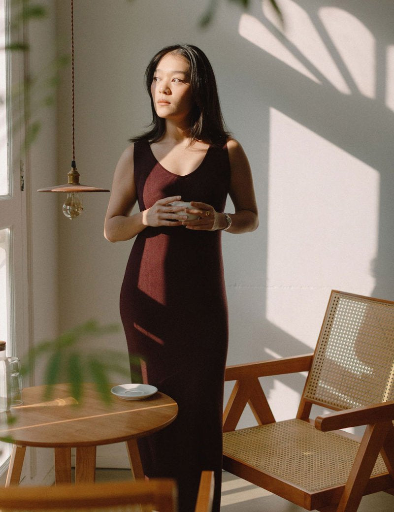 Knit Bateau Neckline Dress in Cherry - Esse - XS - 