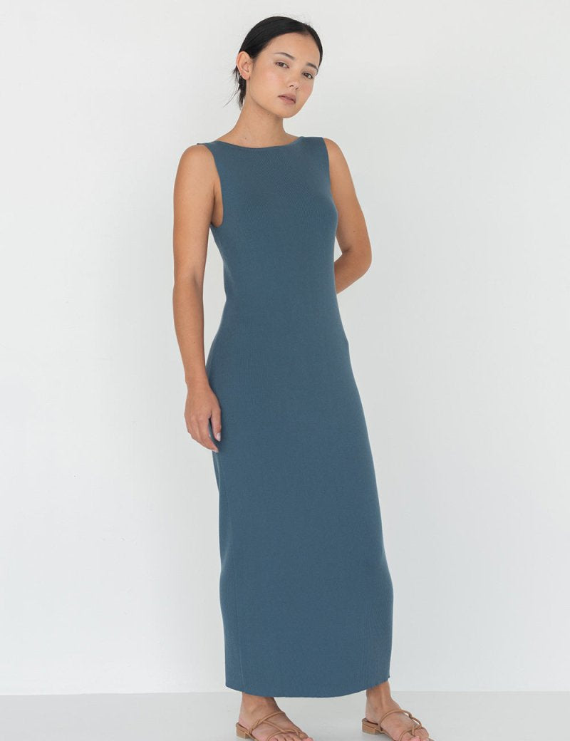 Knit Bateau Neckline Dress in Denim Blue - Esse - XS - 