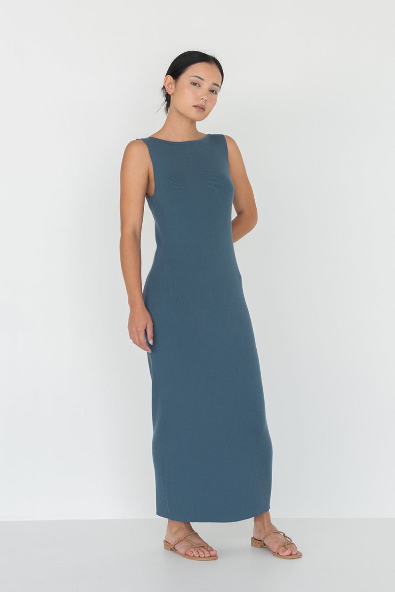 Knit Bateau Neckline Dress in Denim Blue - Esse - XS - 