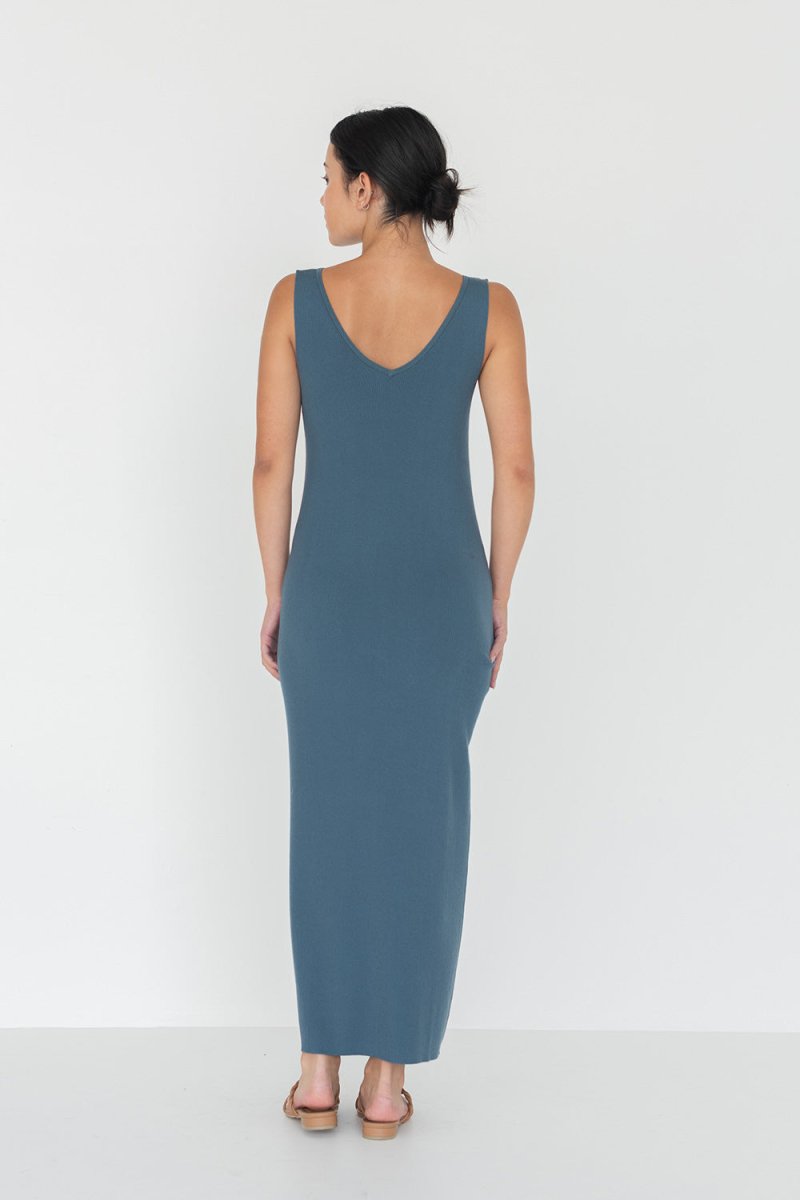 Knit Bateau Neckline Dress in Denim Blue - Esse - XS - 