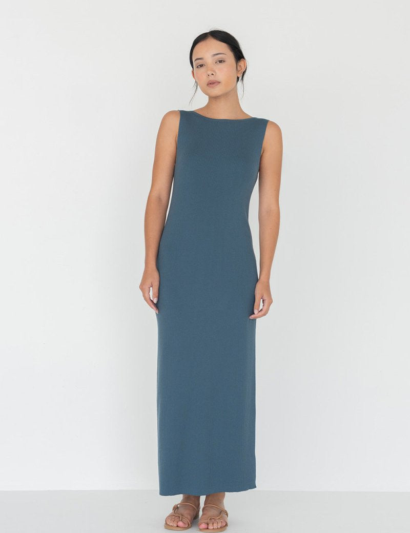 Knit Bateau Neckline Dress in Denim Blue - Esse - XS - 