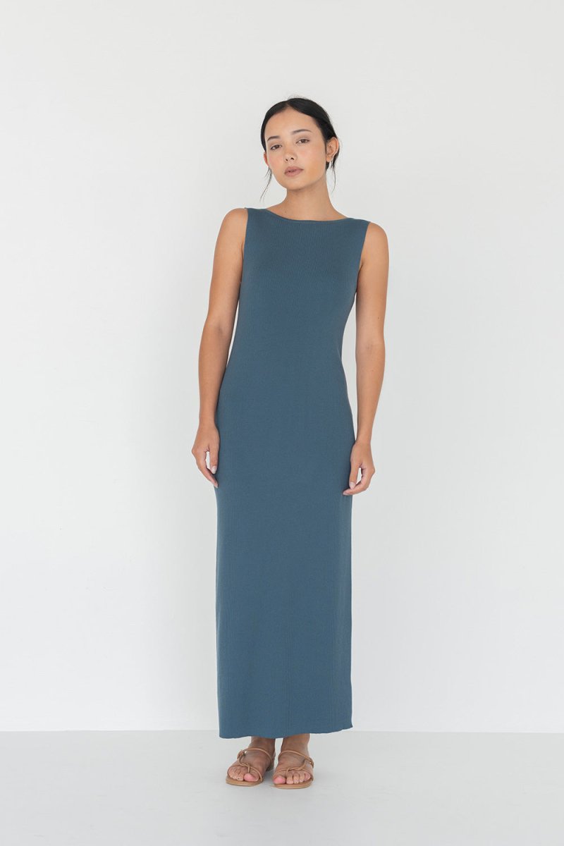 Knit Bateau Neckline Dress in Denim Blue - Esse - XS - 