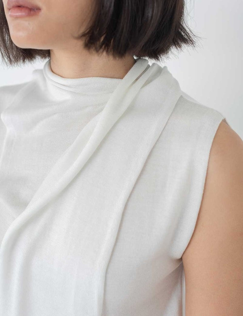 Knit Scarf Blouse - Esse - White - XS - 
