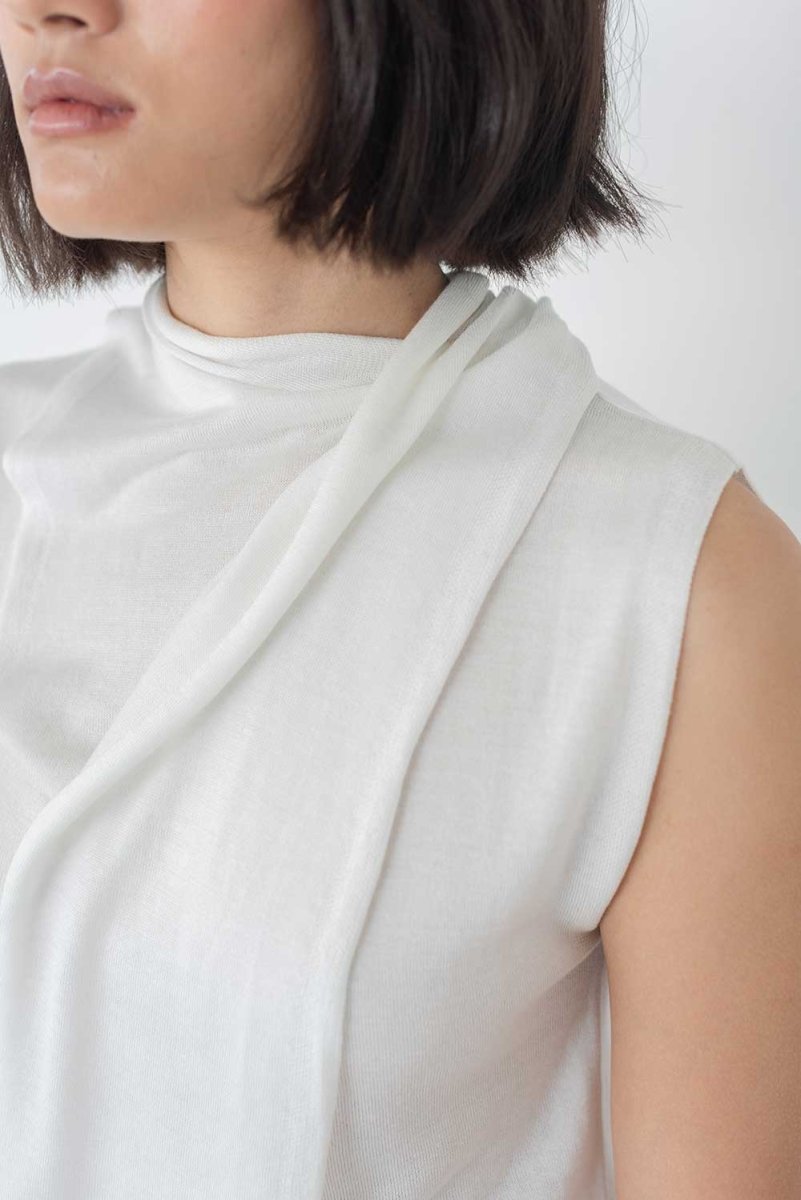 Knit Scarf Blouse - Esse - White - XS - 