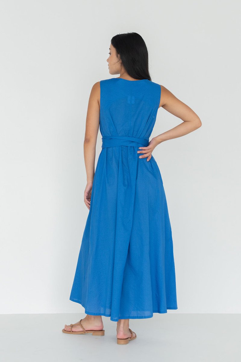 Seersucker Cotton Maxi Dress in Electric Blue - Esse - XXS - 