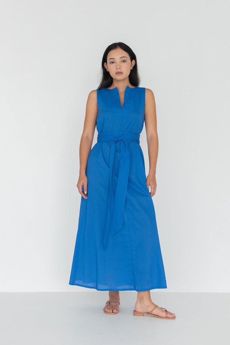 Seersucker Cotton Maxi Dress in Electric Blue - Esse - XXS - 