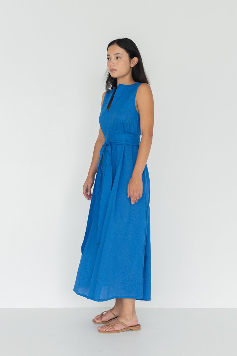 Seersucker Cotton Maxi Dress in Electric Blue - Esse - XXS - 