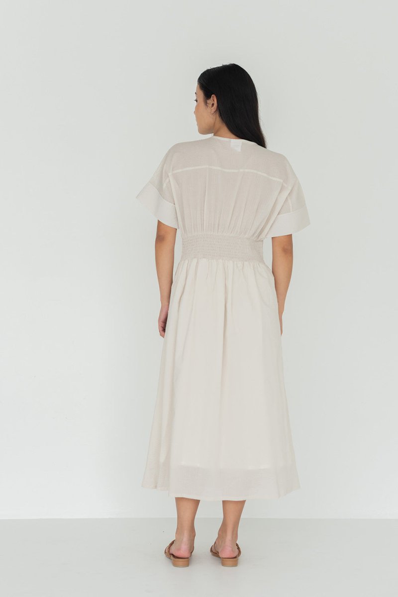 Seersucker Sleeved Maxi Dress in Cereal - Esse - XXS - 