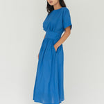 Seersucker Sleeved Maxi Dress in Electric Blue - Esse - XXS - 